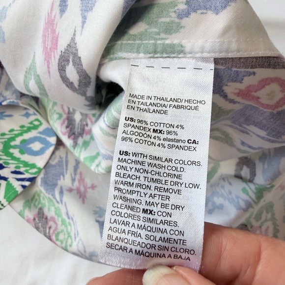 Chico's White Ikat Print Button-Up Shirt with Green, Blue and Pink Accents - Picture 11 of 11